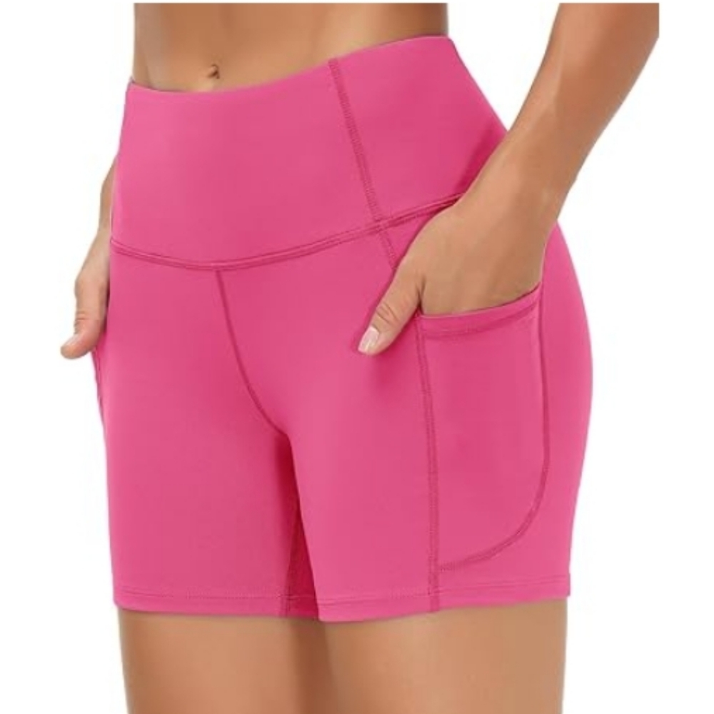 High Waist Yoga Athletic Shorts with Deep Pockets Dark Pink